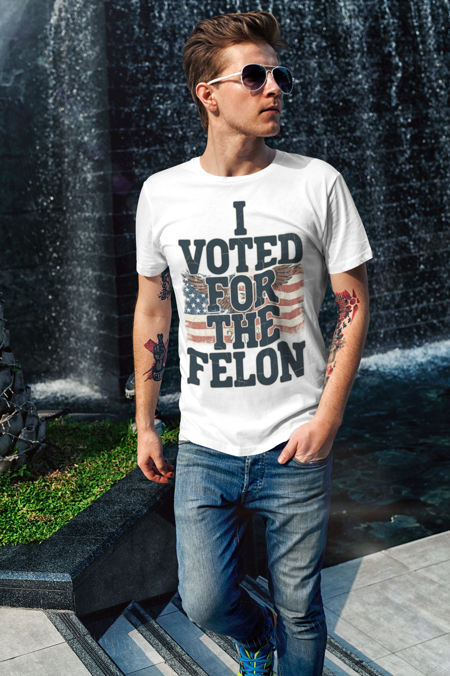 "I Voted for the Felon" Vintage American Flag T-Shirt